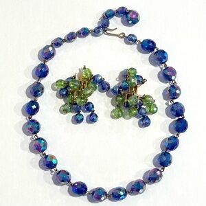 Vintage Zentall Faceted Crystal Necklace Earrings Blue Green Aurora Borealis Set